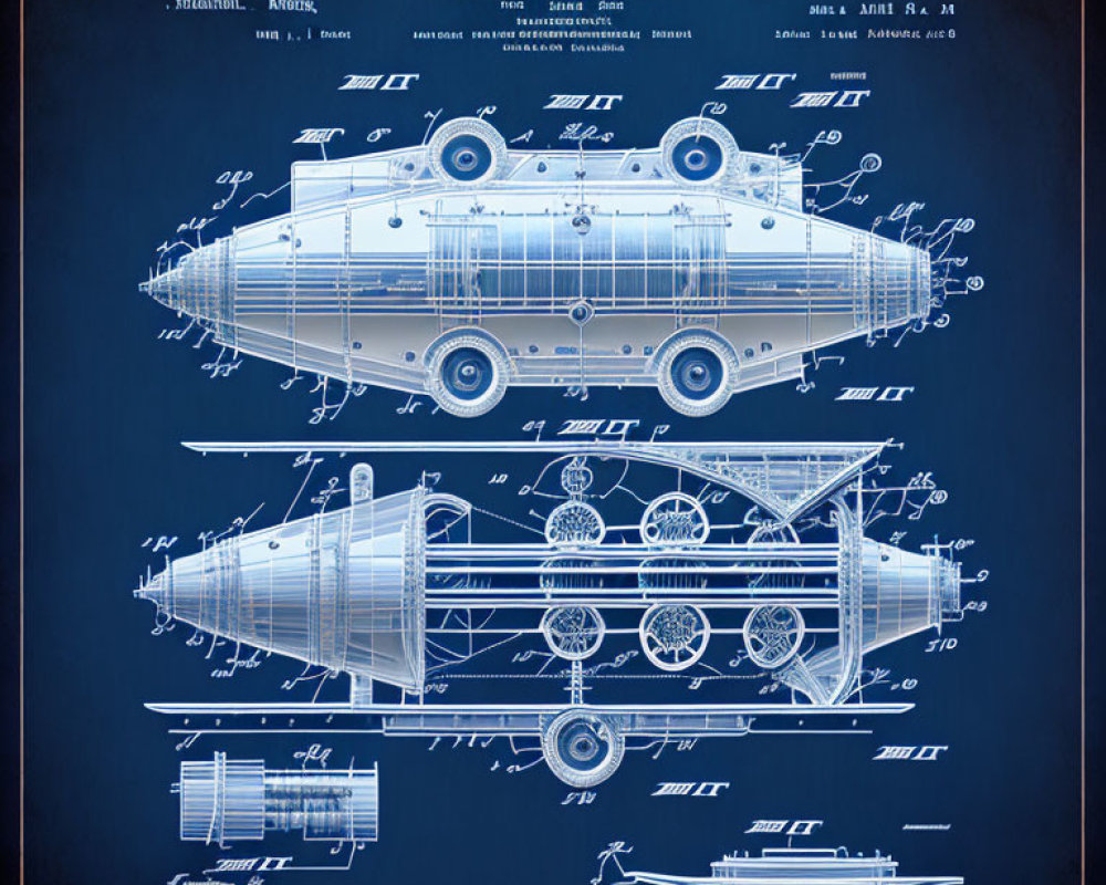 Detailed Retro-Futuristic Dirigible Blueprint on Blue Background