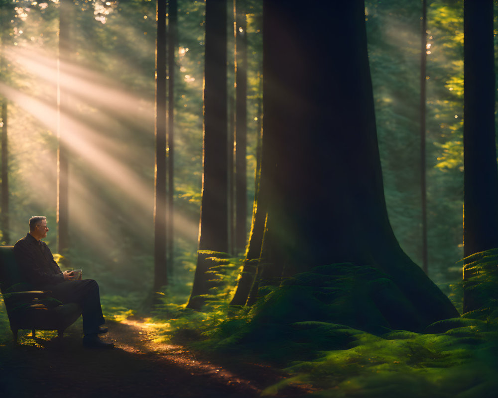 Person sitting on bench in lush forest under warm sunbeams