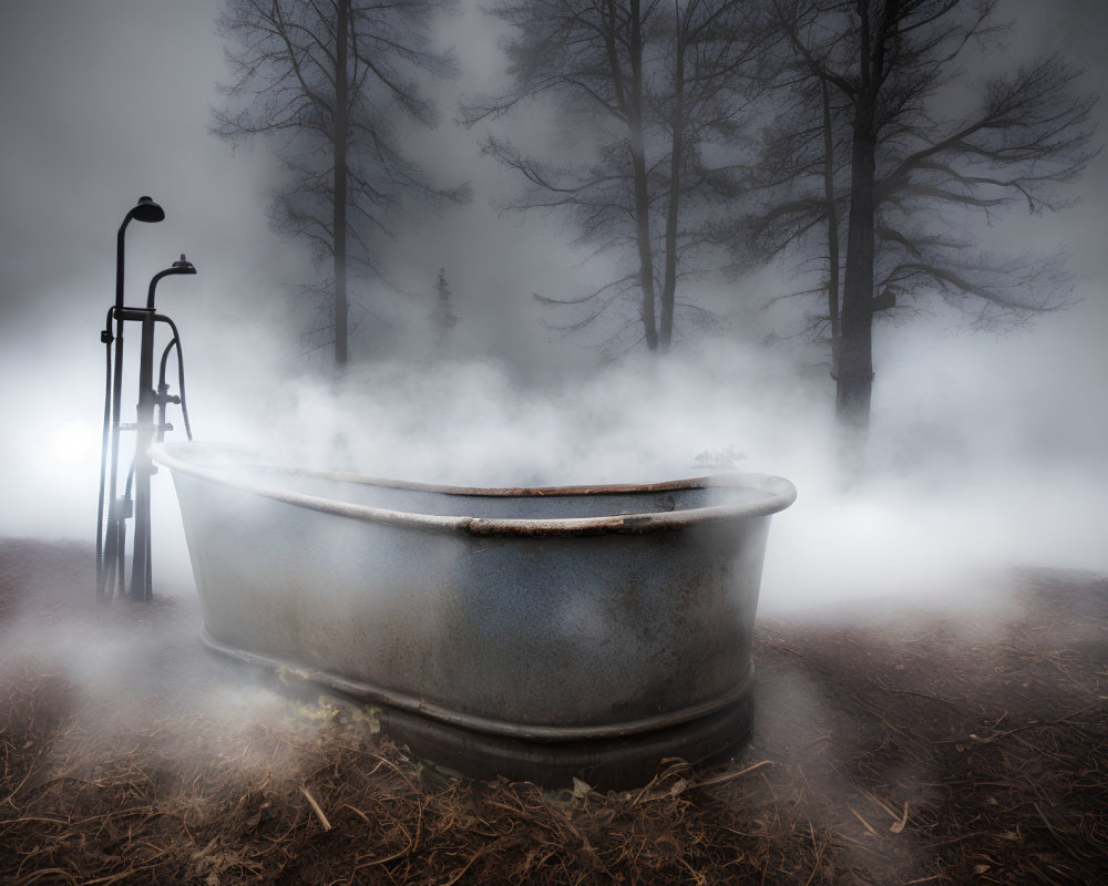 Metallic Bathtub in Misty Forest with Vintage Shower Stand