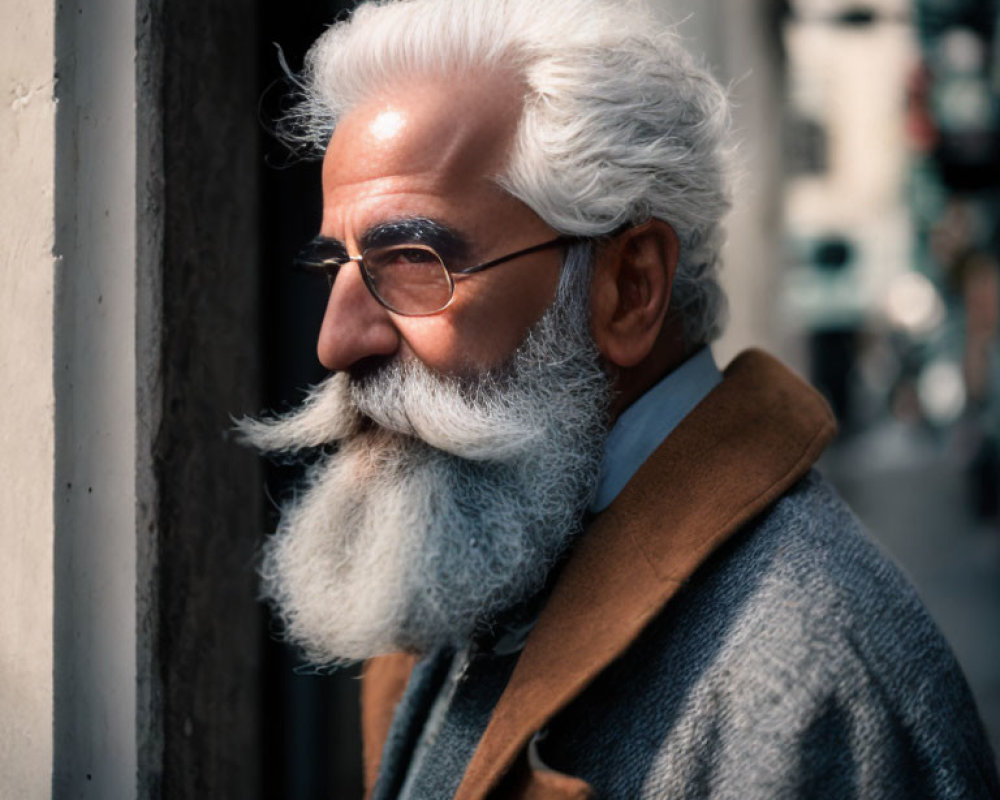 Elderly man with white beard and glasses in winter coat on city street