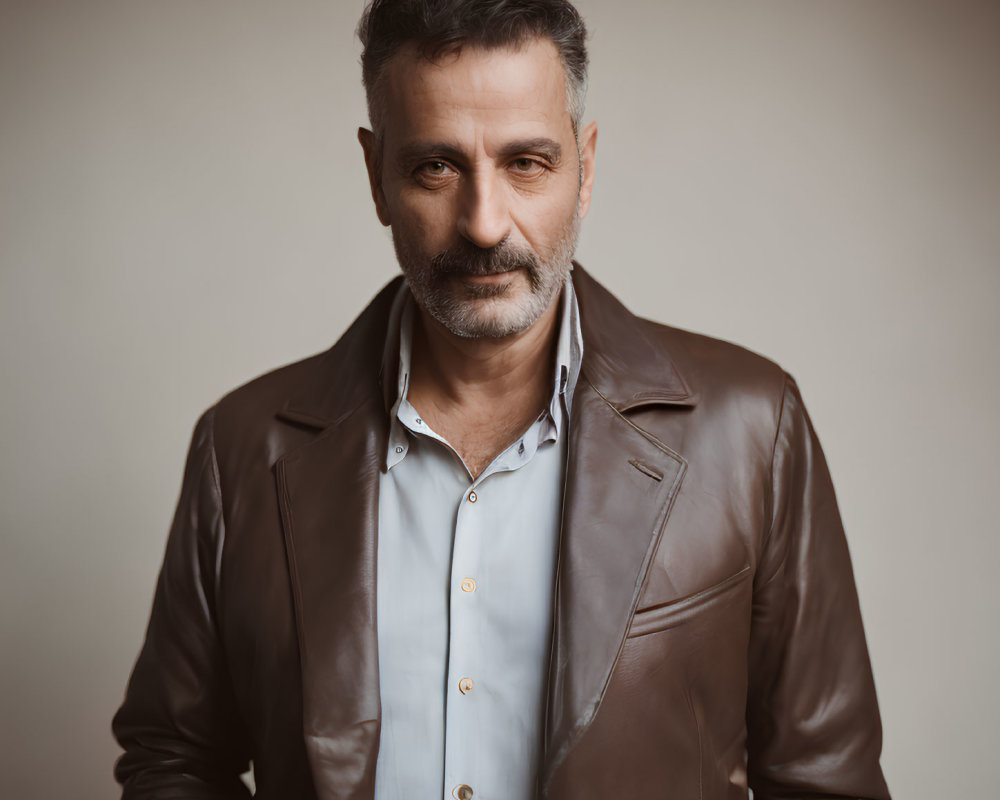 Middle-aged man in brown leather jacket and stubble with serious expression on beige background