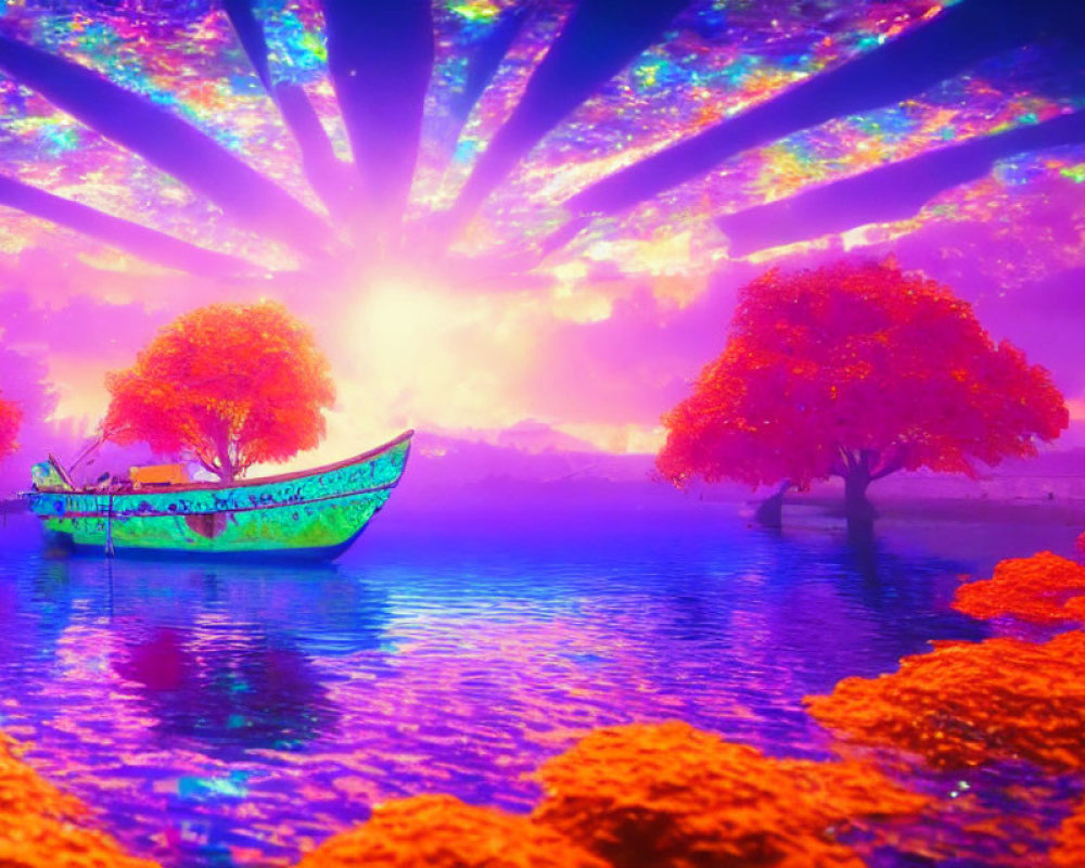 Colorful boat on tranquil lilac water under purple-pink skies