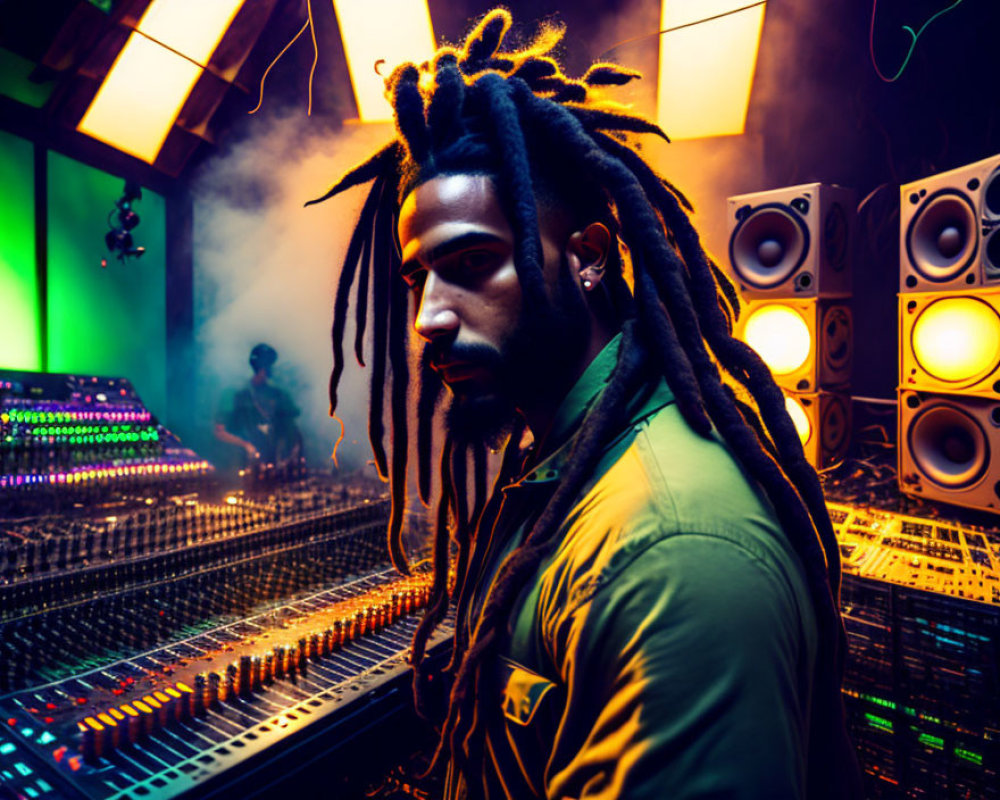 Man with dreadlocks at music mixing board in studio with colorful lighting and smoke and speakers