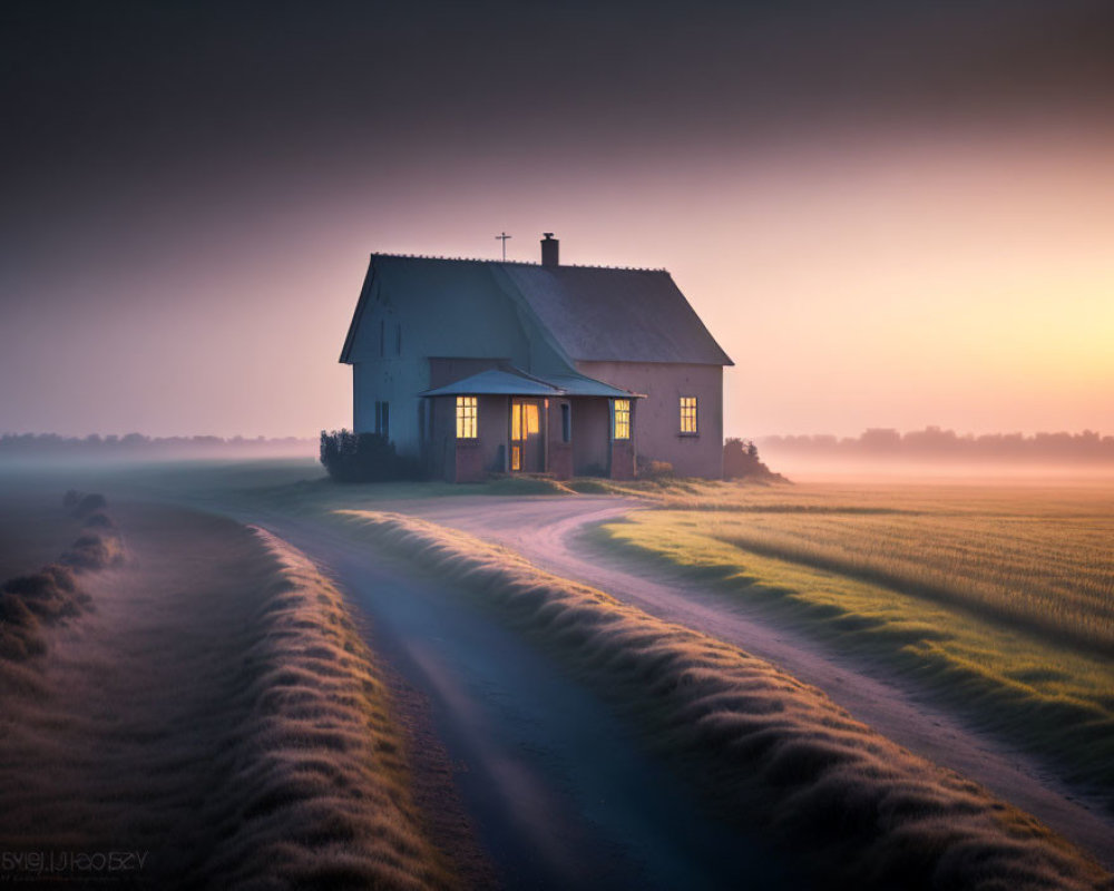 Solitary house in soft glow amid vast fields at dawn