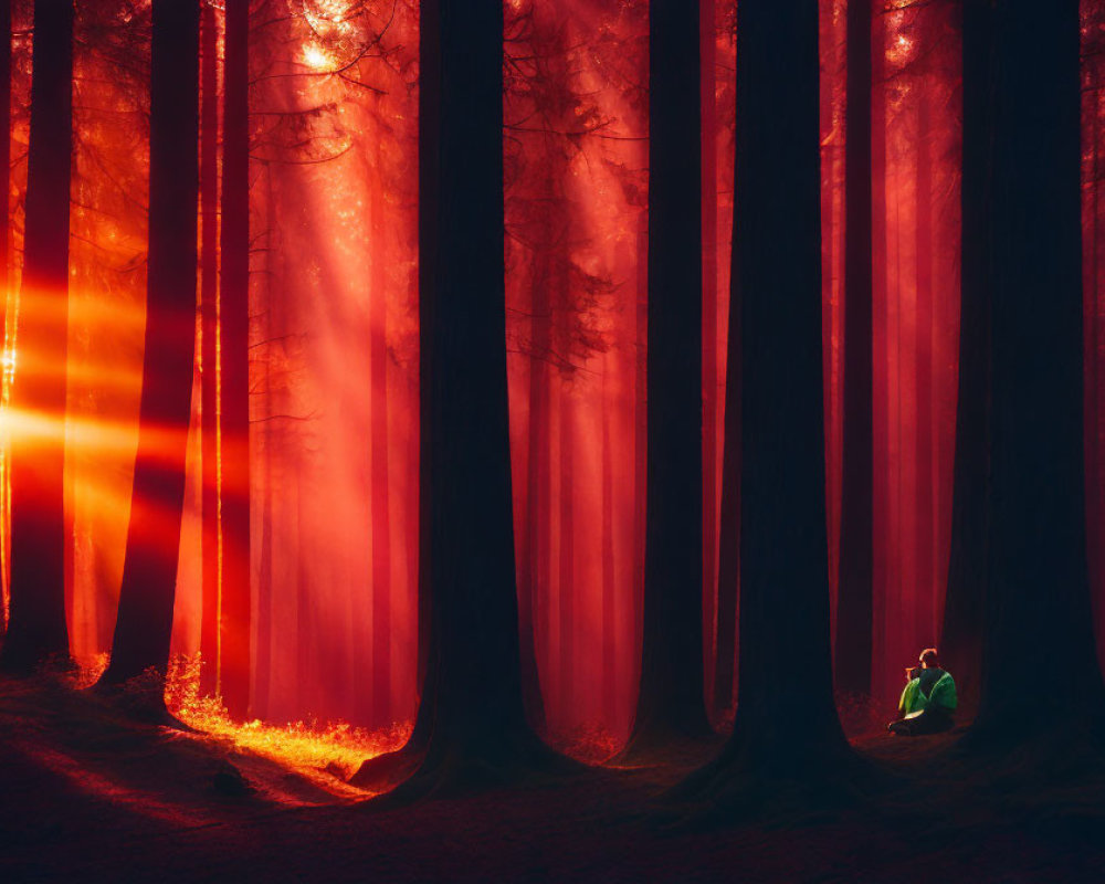 Person in Green Jacket Surrounded by Towering Redwoods in Sunlight