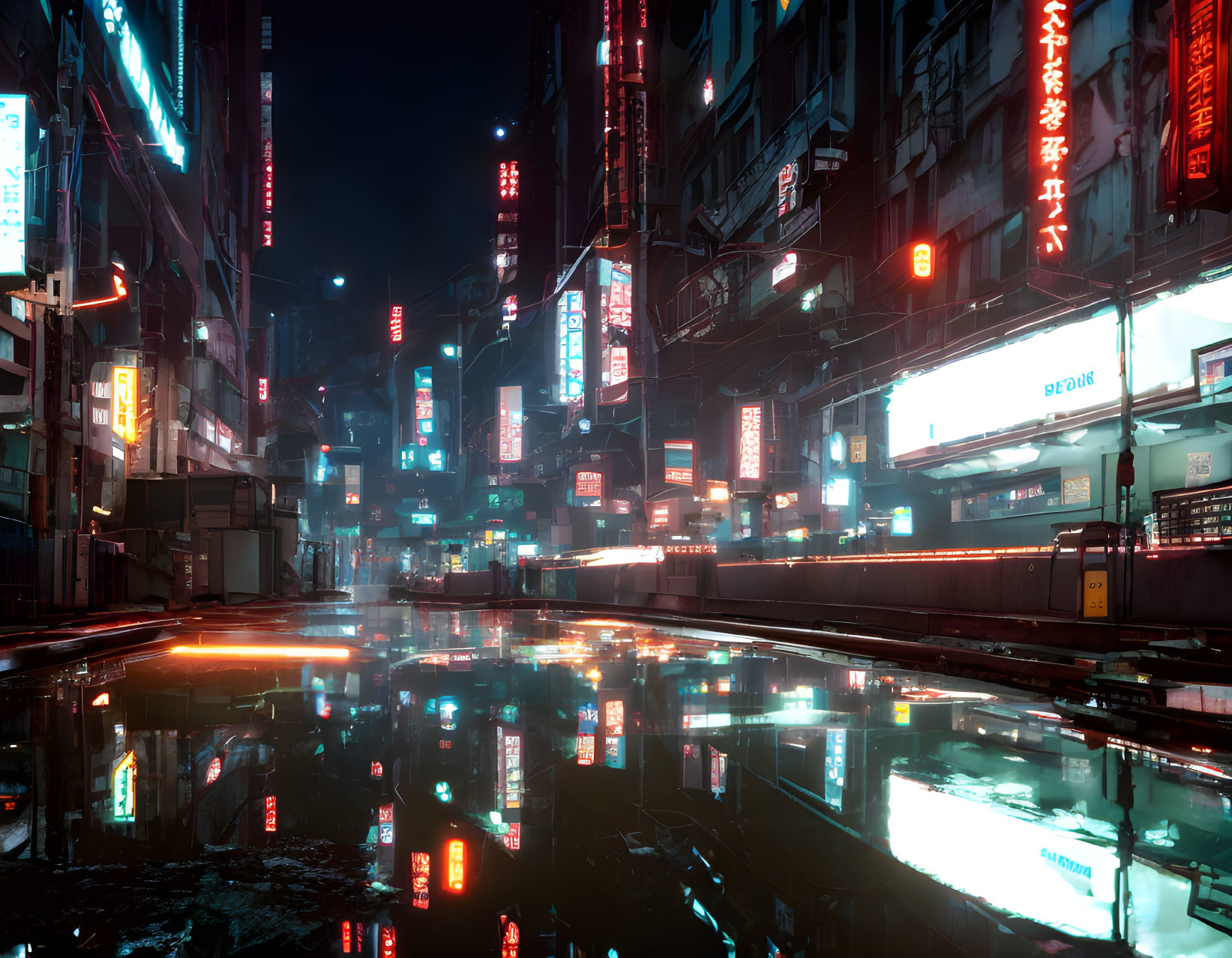 Vibrant neon-lit city street at night with reflections on wet road