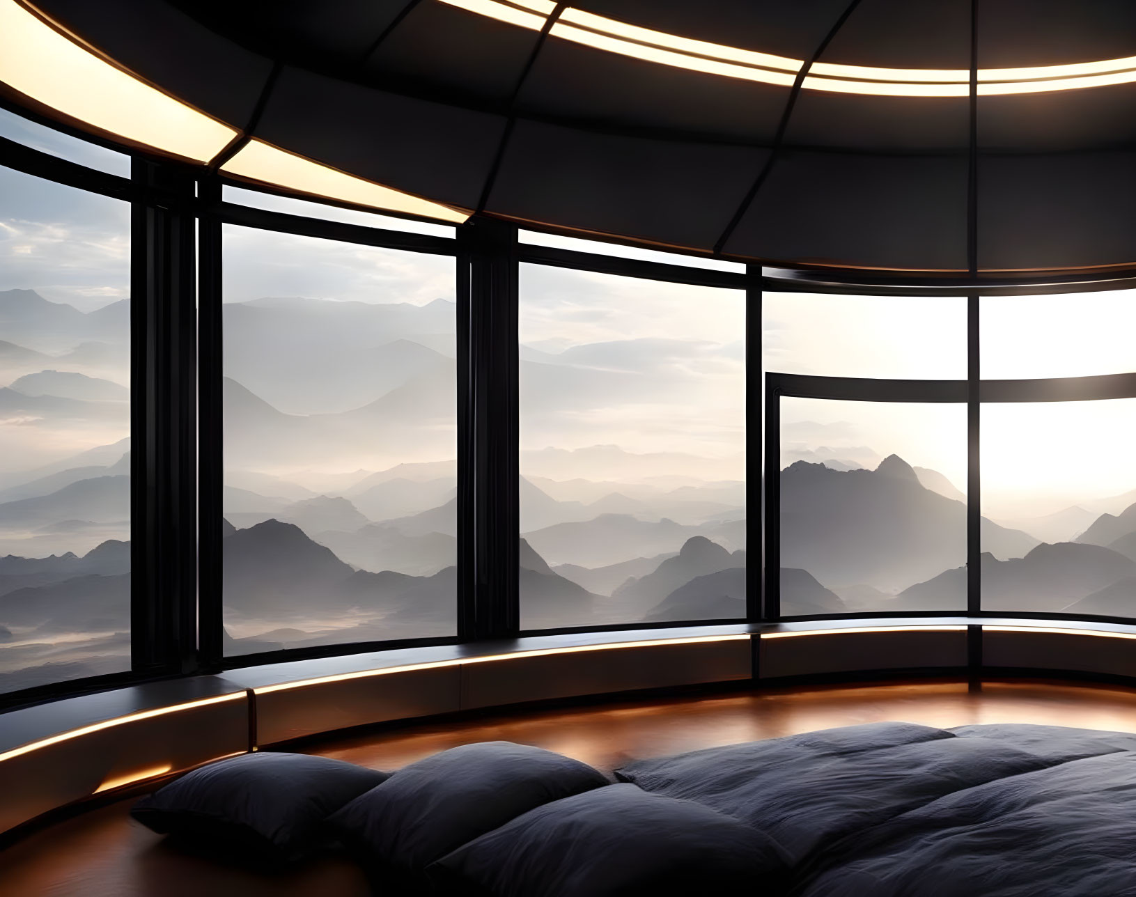 Spacious bedroom with panoramic mountain views at sunrise