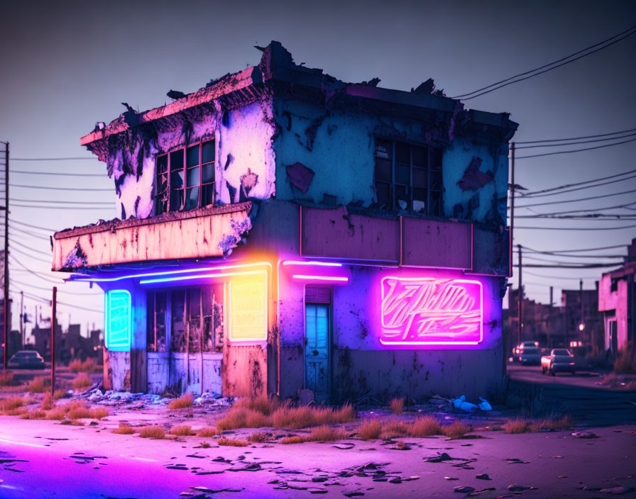 Abandoned two-story building with neon signs in urban twilight