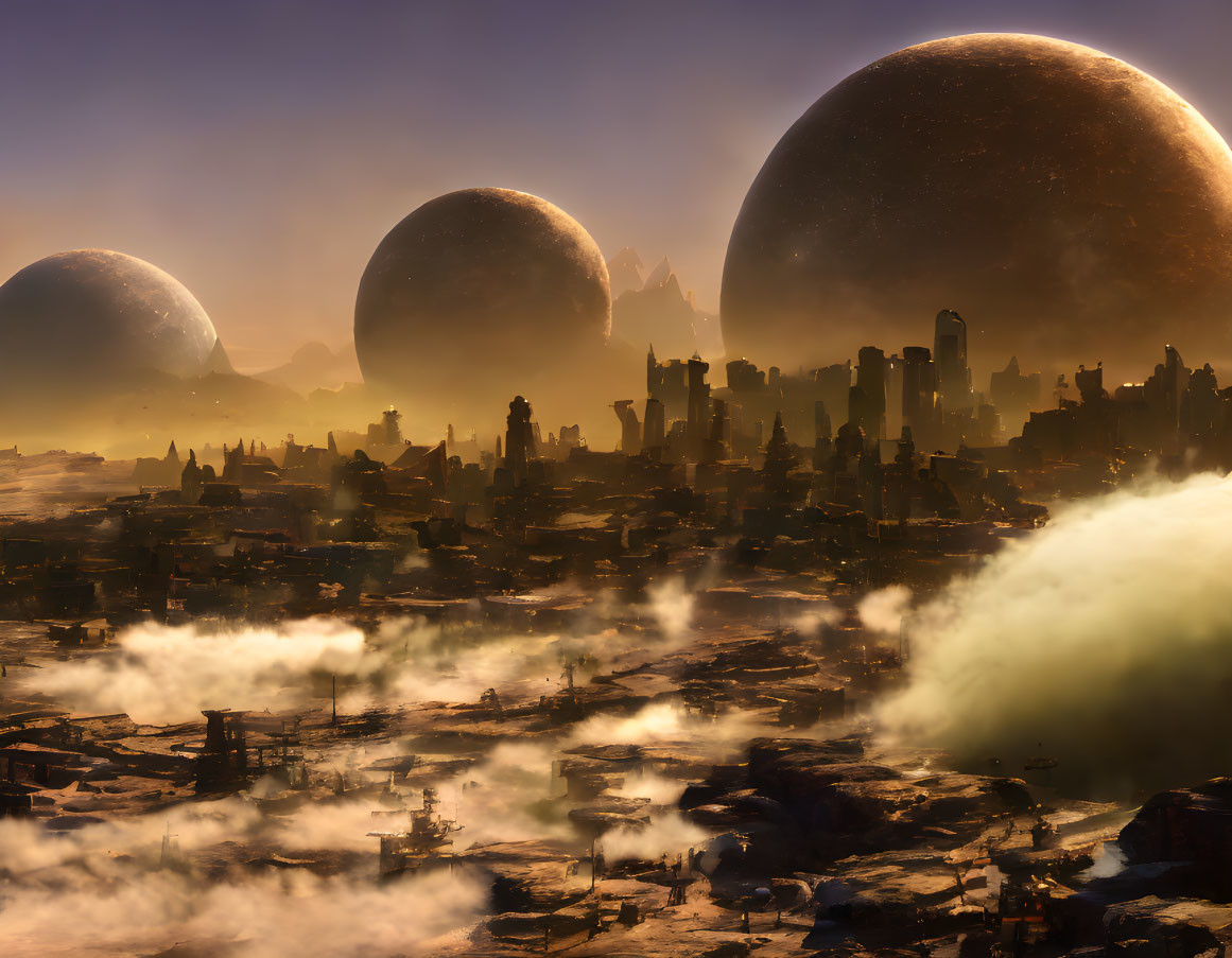 Cityscape with silhouetted buildings, celestial bodies, and amber sky