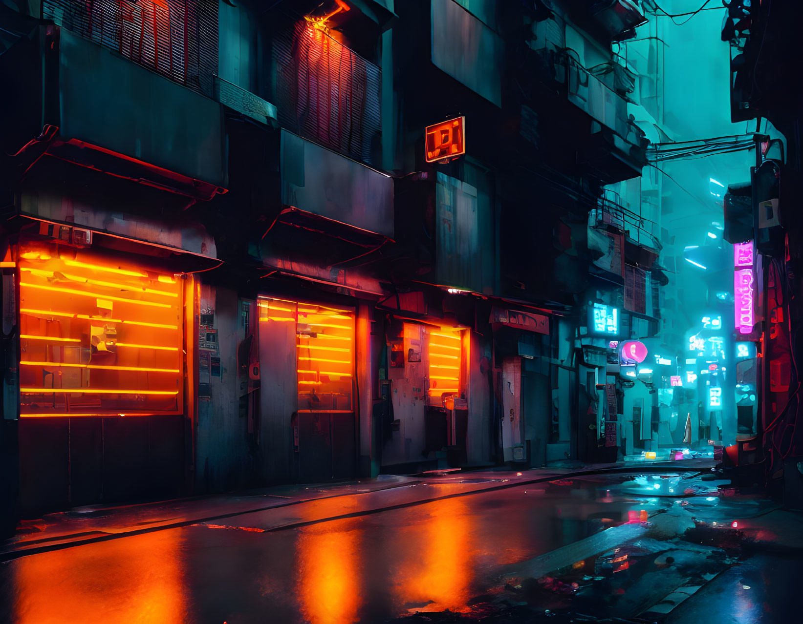 Urban alley night scene with neon signs and wet pavement in red and blue colors.