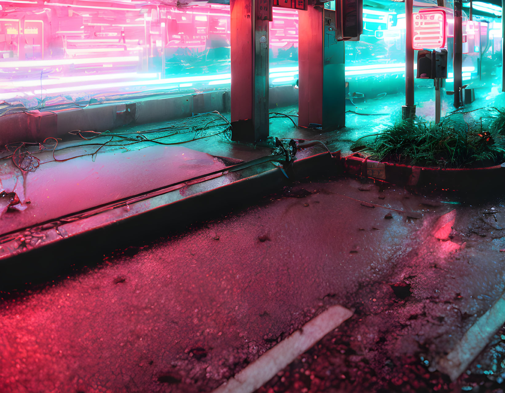 Vibrant neon-lit city scene with pink and blue lights reflecting on wet pavement.