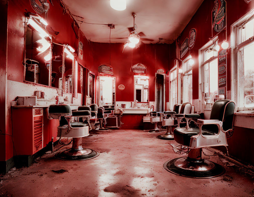 Classic Barbershop Interior with Red Walls, Barber Chairs, Mirrors, and Vintage Hairdressing