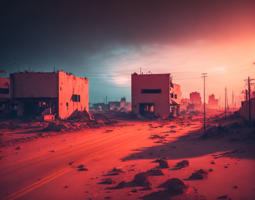 Deserted post-apocalyptic scene with red-hued sky and debris