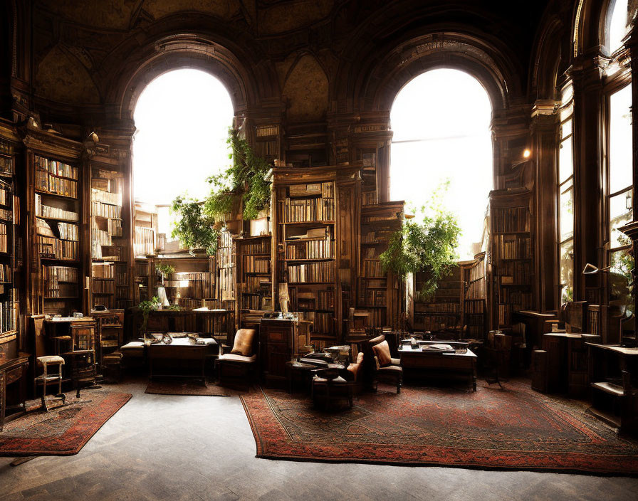 Old Library with Arched Windows, Wooden Bookshelves, Leather Chairs & Sunlight