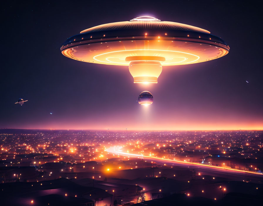 Mysterious UFO emits orange glow over nighttime cityscape