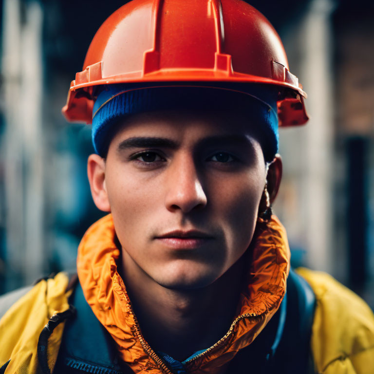 Young worker in red hard hat and blue beanie against urban backdrop