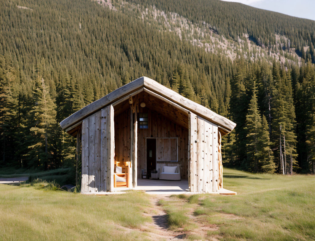 Cozy wooden cabin nestled in pine tree clearing