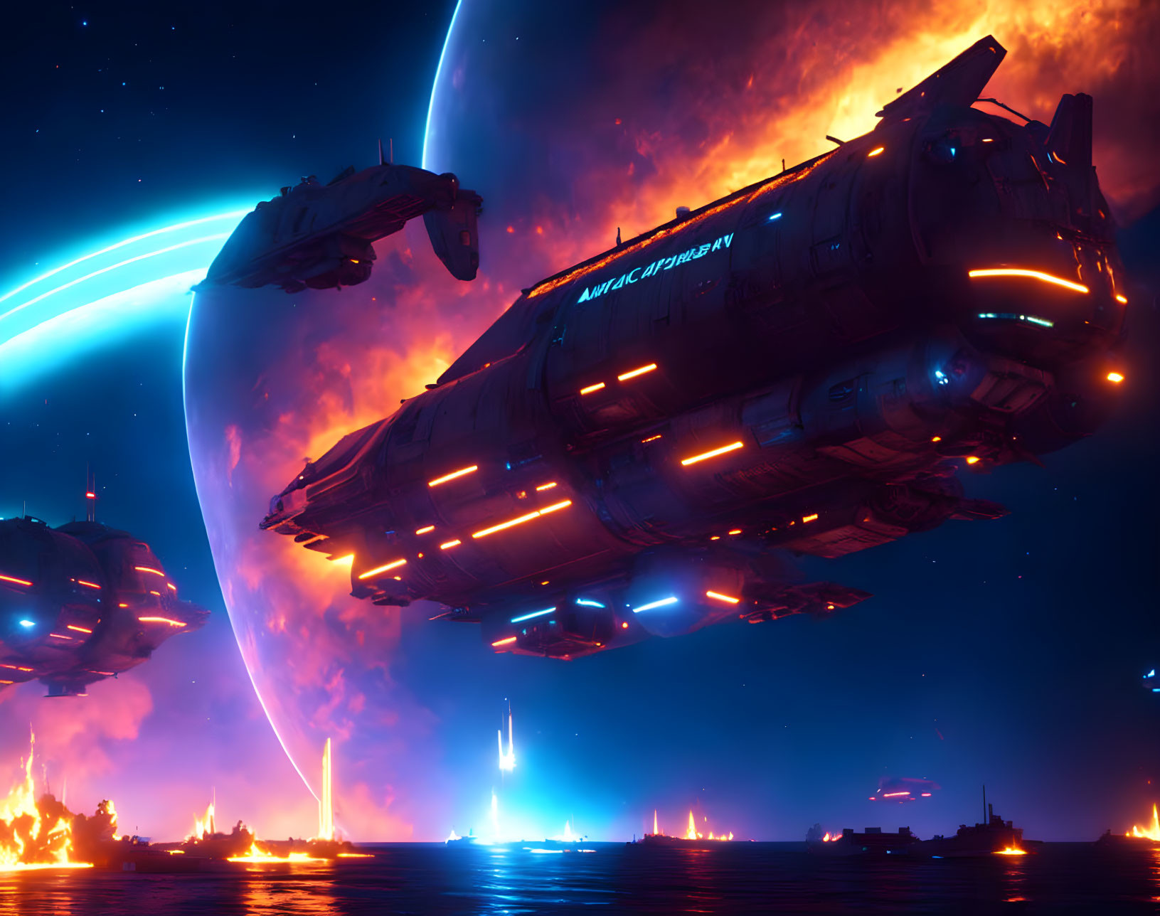 Futuristic spaceships hover over fiery battlefield under neon-lit night sky