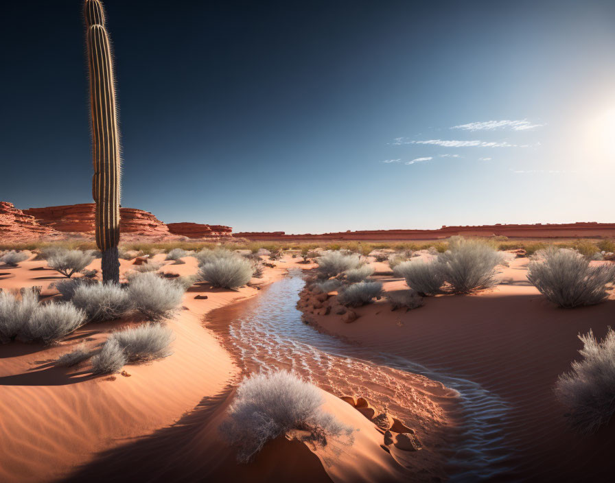 Desert landscape with lone cactus and sand dunes