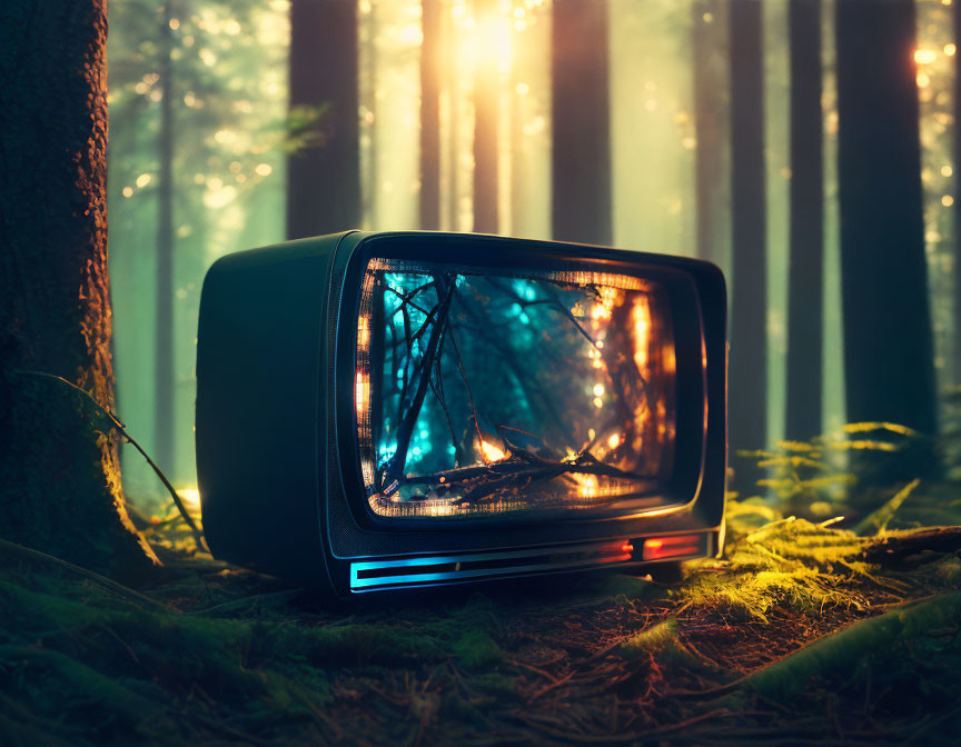 Vintage television set in forest with sunlight and moss, screen showing woods