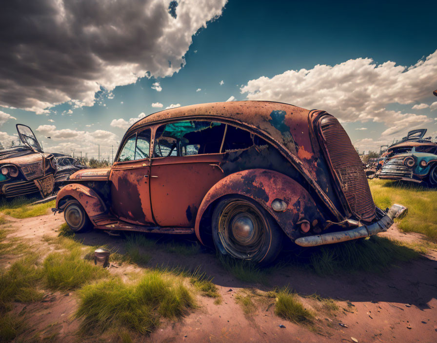 Abandoned vintage car in field with overgrown grass under dramatic sky