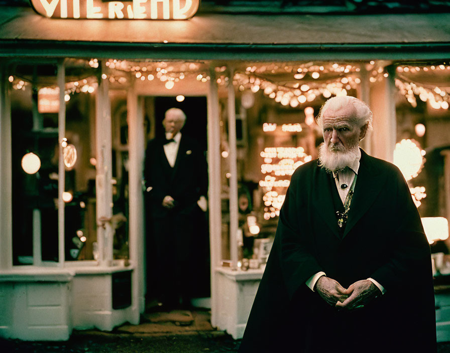 White-bearded elderly man in black coat outside shop with warm lights, another man in background