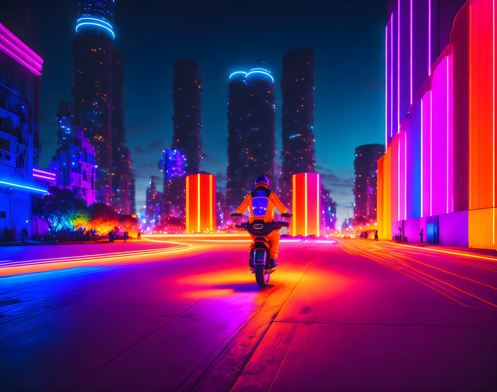 Motorcyclist riding through neon-lit futuristic city at dusk