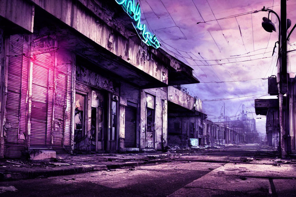 Desolate urban street at dusk with dilapidated buildings and neon sign