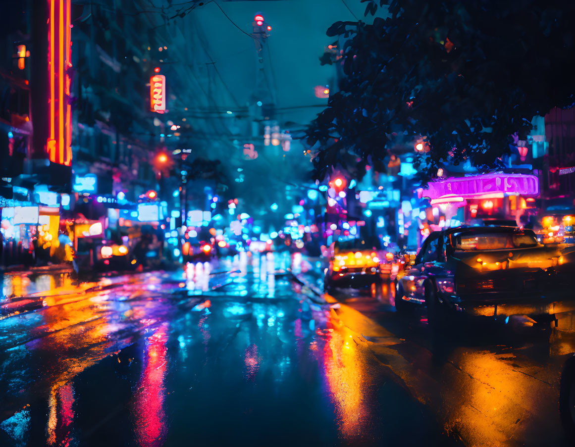 Rainy city street at night with vibrant neon lights reflecting on wet pavement.