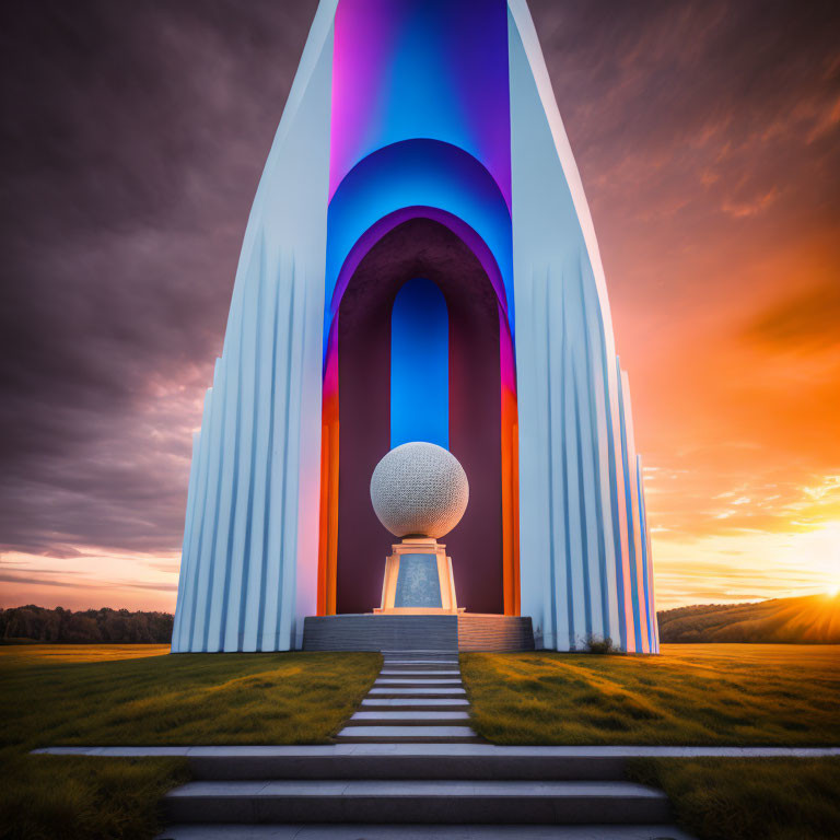 Modern structure with archway and sphere against dramatic sunset sky