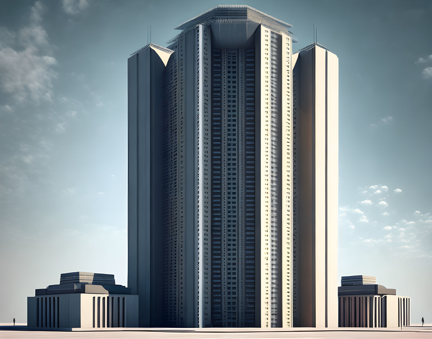 Triple-tower skyscraper with numerous windows against blue sky, surrounded by smaller buildings