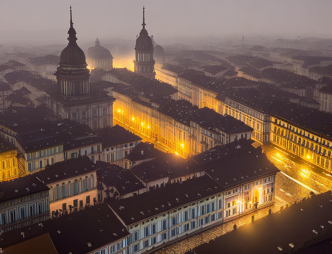 Cityscape at Dusk: Aerial View of Illuminated Streets and Buildings