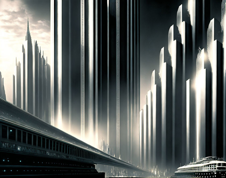 Sunlit futuristic cityscape with towering skyscrapers and arriving train.