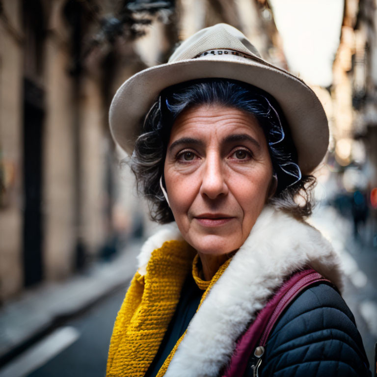 Blue-haired mature woman in yellow scarf and black jacket on city street.