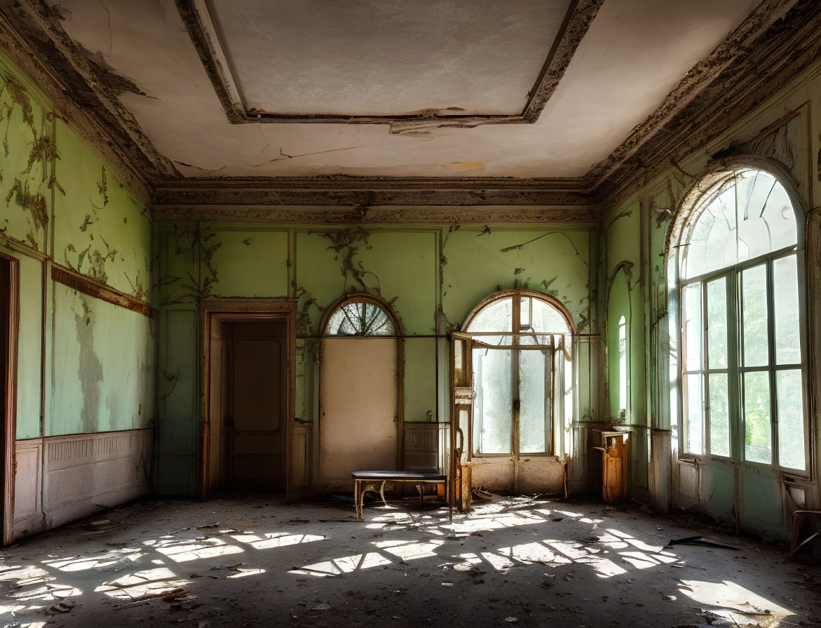 Decrepit room with peeling green walls, tall arched windows, shadows, old chair,