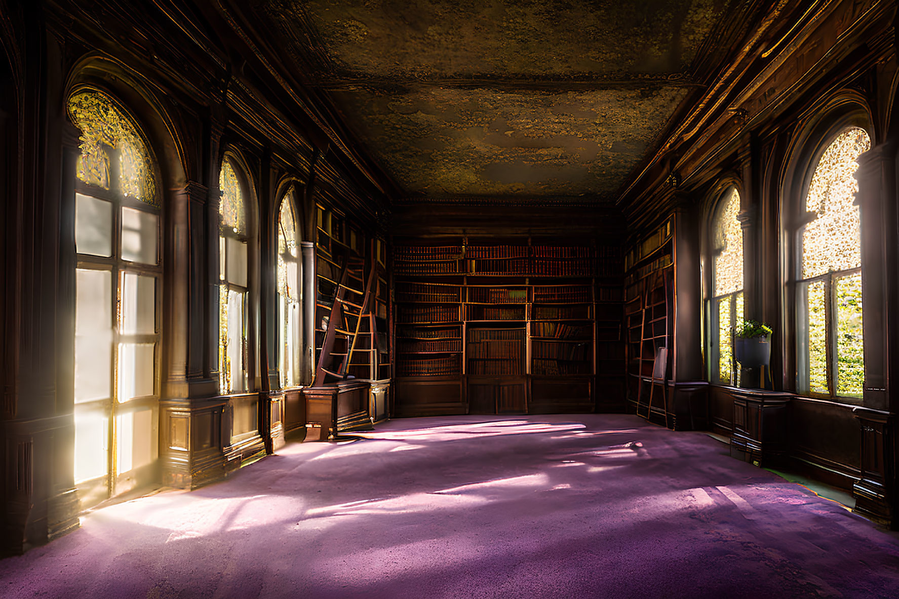 Sunlit Room with Tall Windows, Woodwork, Gold Ceiling, Empty Bookshelf