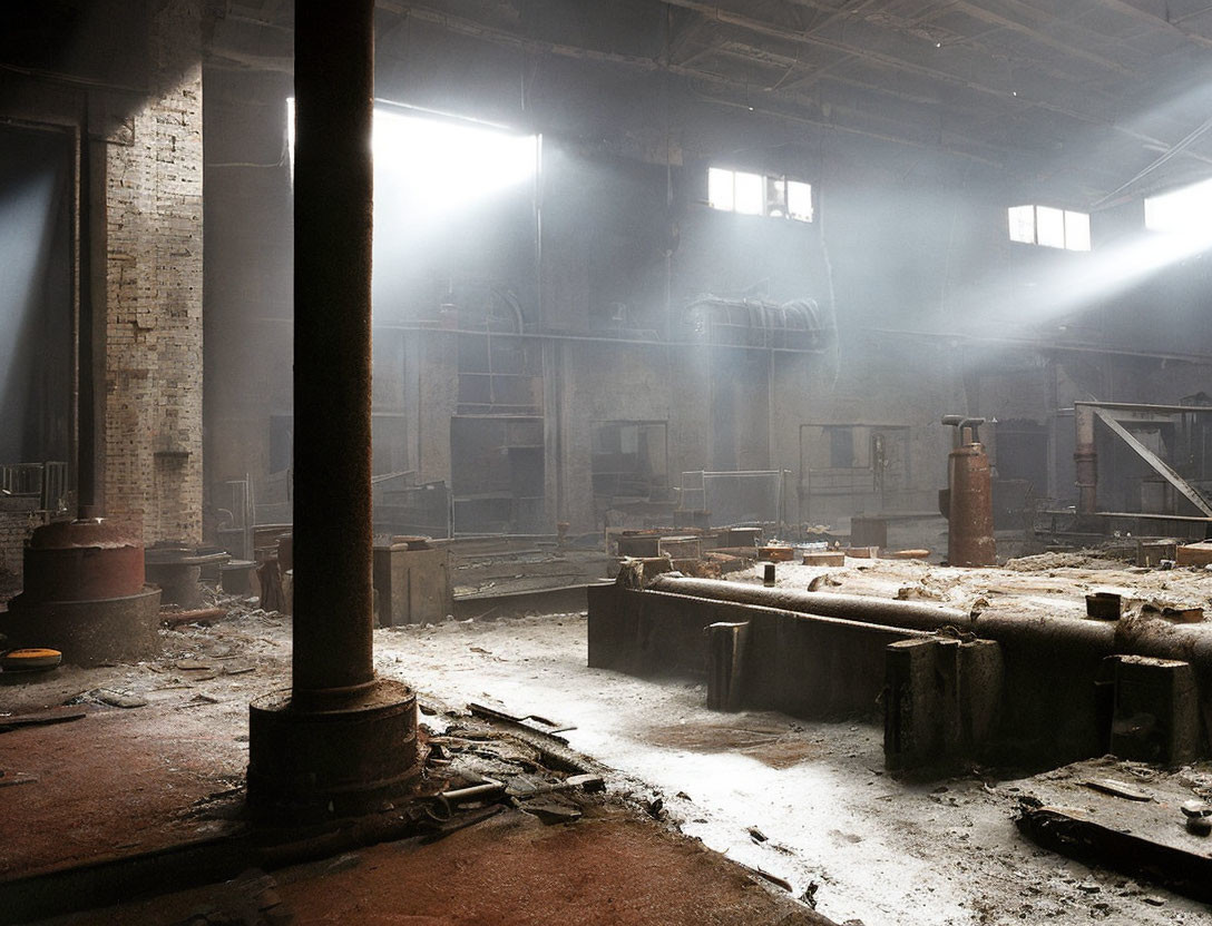 Abandoned industrial building with sunlight filtering through windows