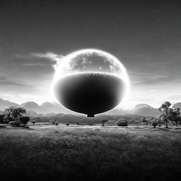 Monochrome surreal landscape with giant moon-like sphere above trees & mountains