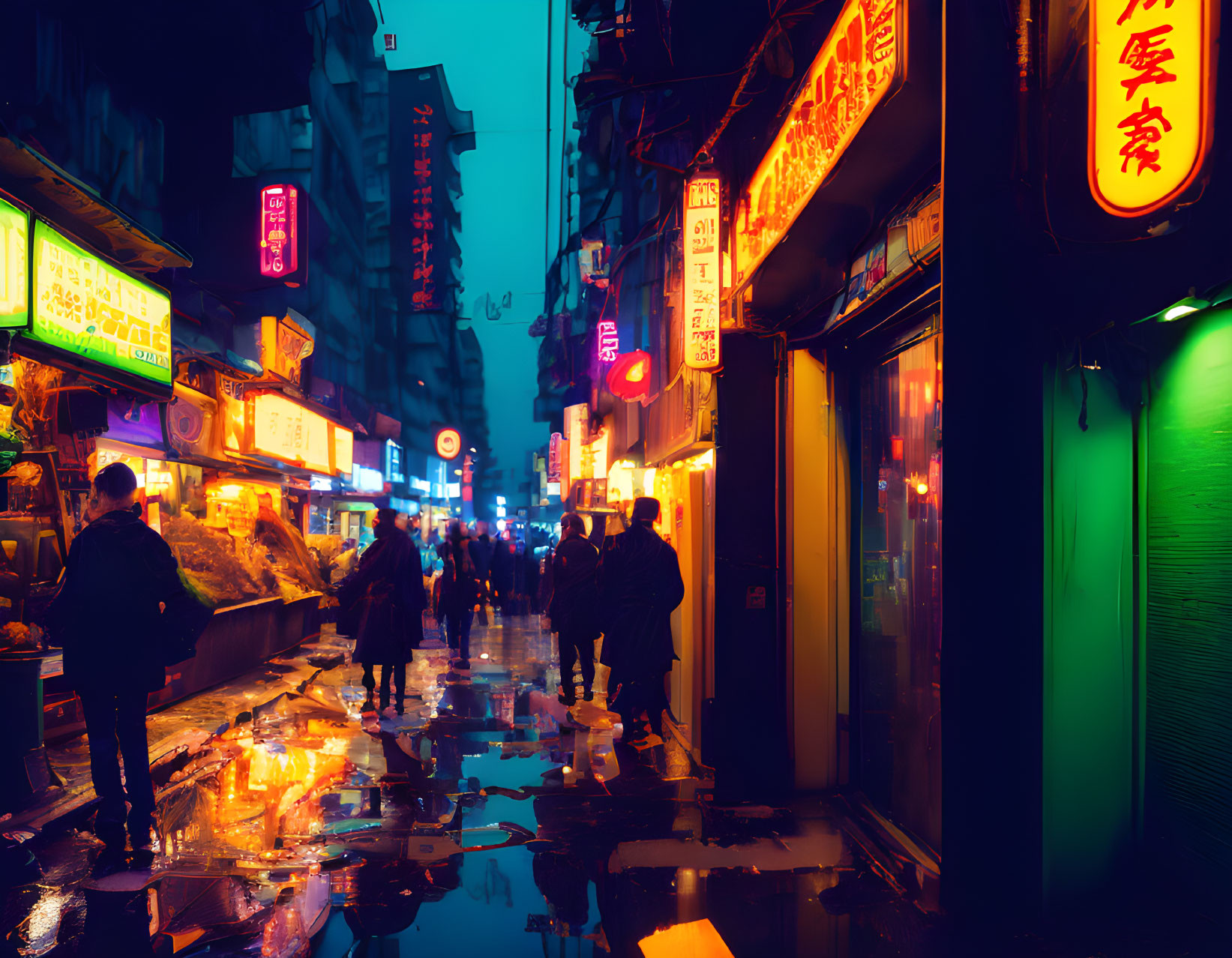 Vibrant neon-lit urban street scene at night with pedestrians and glowing shop signs