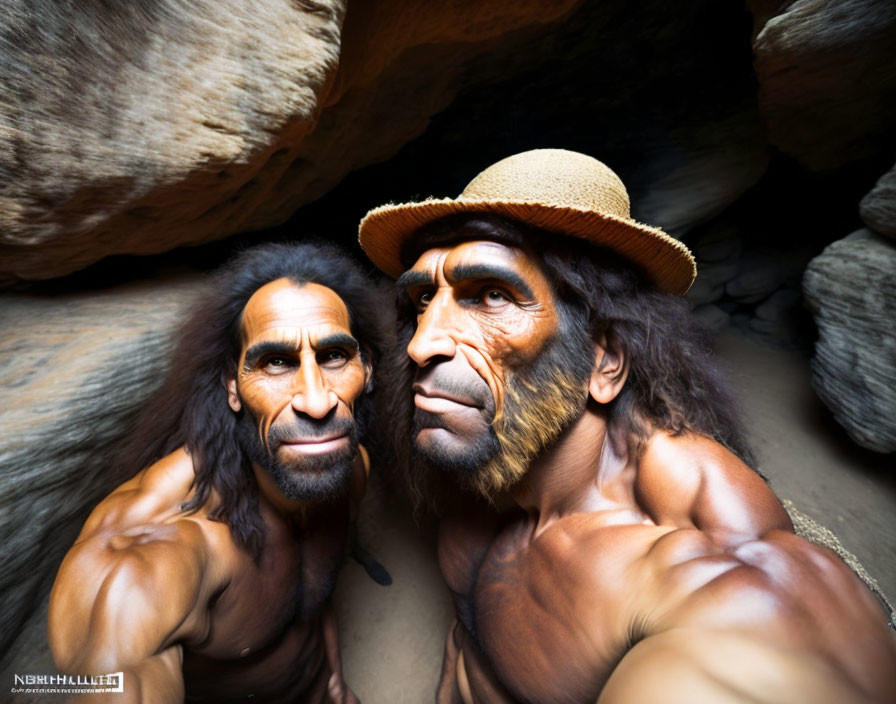 Realistic humanoid figures with brow ridges and long hair taking selfie in rock crevice