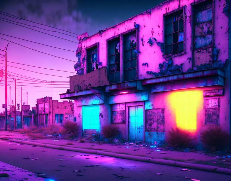 Abandoned Building with Neon-Lit Windows and Surreal Twilight Sky