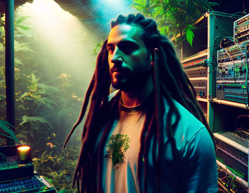 Dreadlocked person in front of electronic music setup with colorful lighting