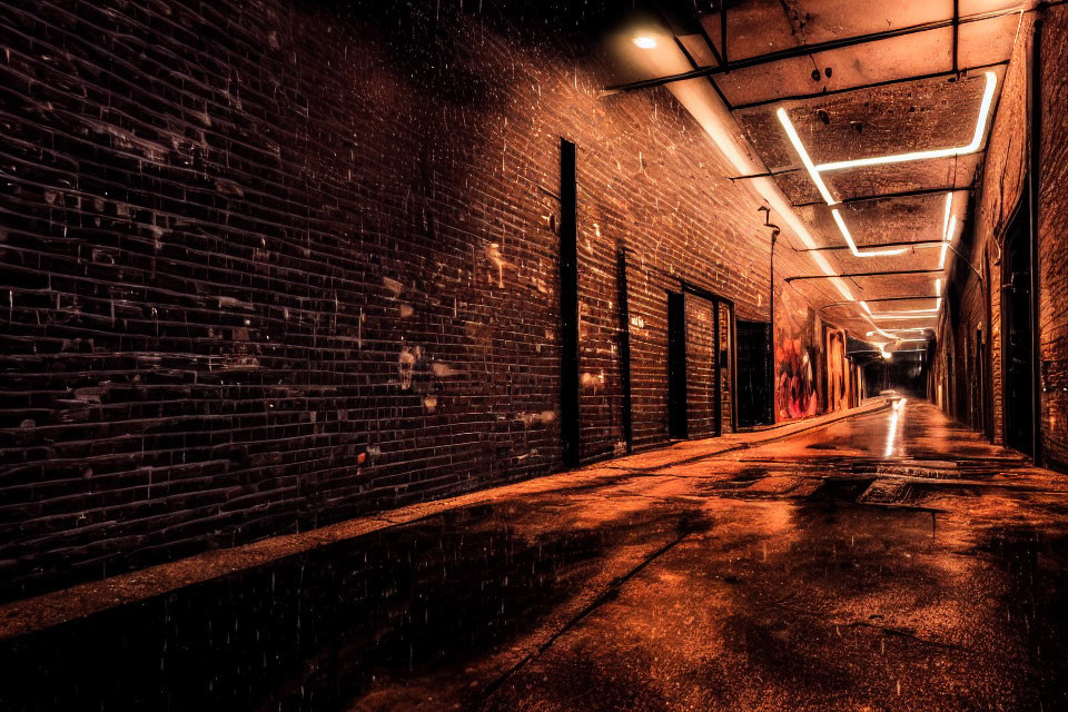 Dark Alleyway Night Scene with Orange and Yellow Lights