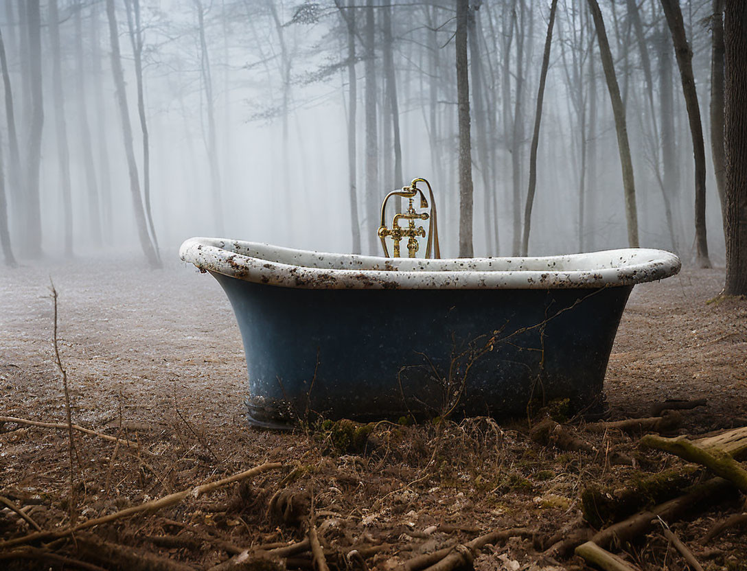 Abandoned claw-foot bathtub with vintage faucet in eerie forest