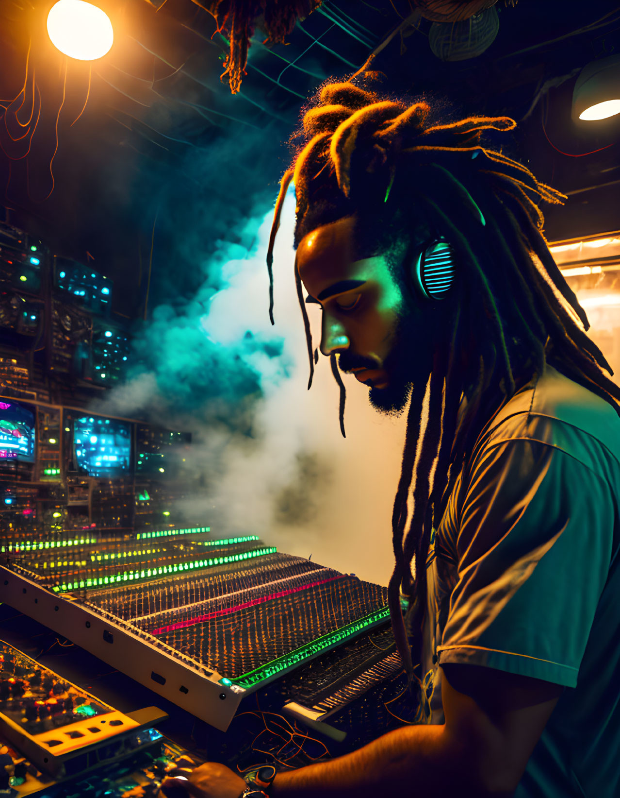 Dreadlocked DJ Mixing Tracks on Neon-Lit Soundboard