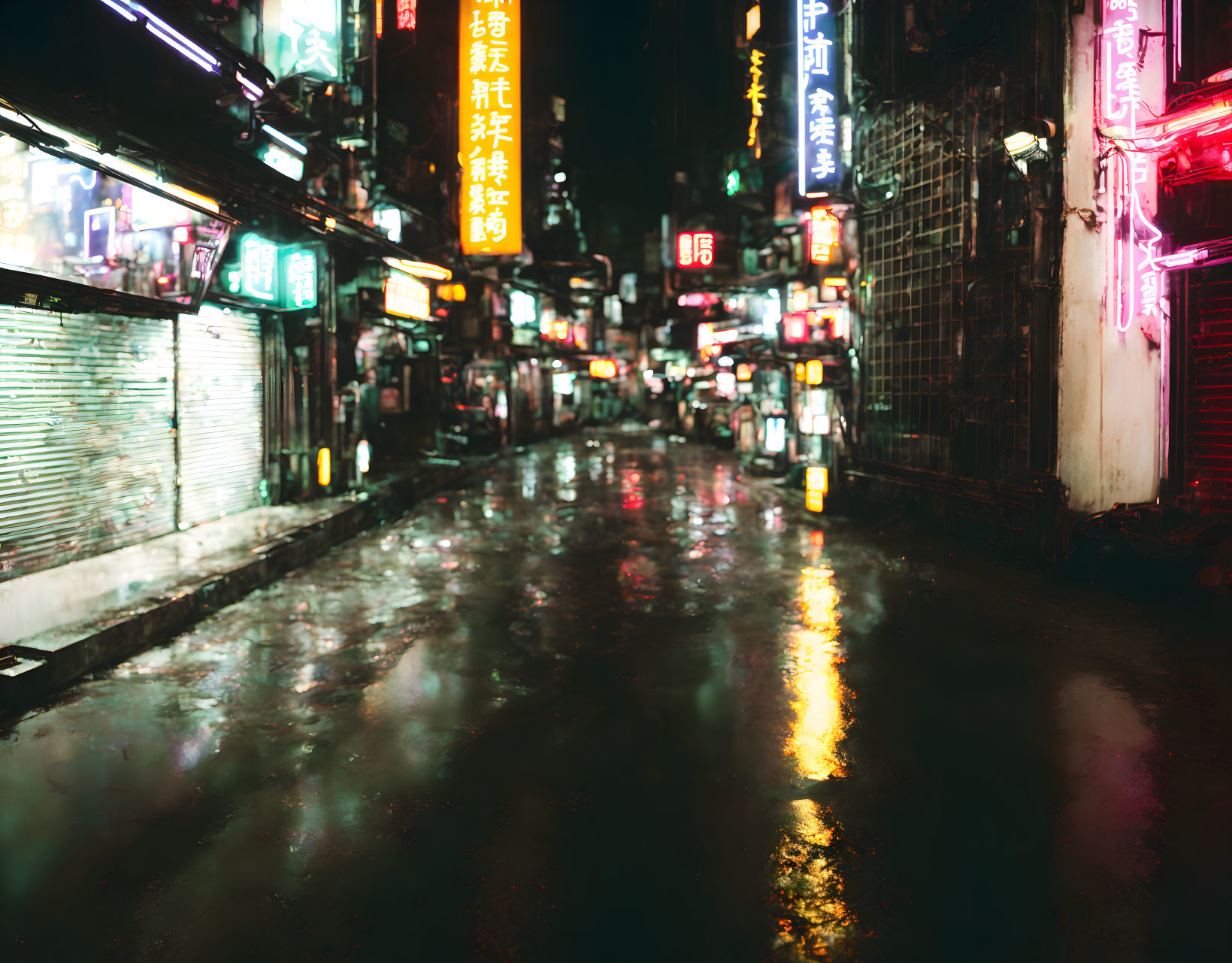 Rain-soaked night street with closed shops and neon signs reflected on wet ground