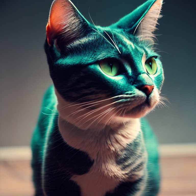 Green-eyed cat with striped fur in dramatic lighting against dark background