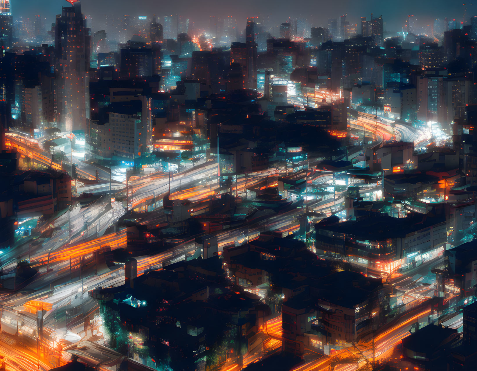 Glowing nighttime cityscape with traffic streaks and dense buildings