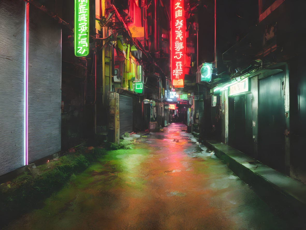 Neon-lit alley at night with wet floors and colorful neon signs.