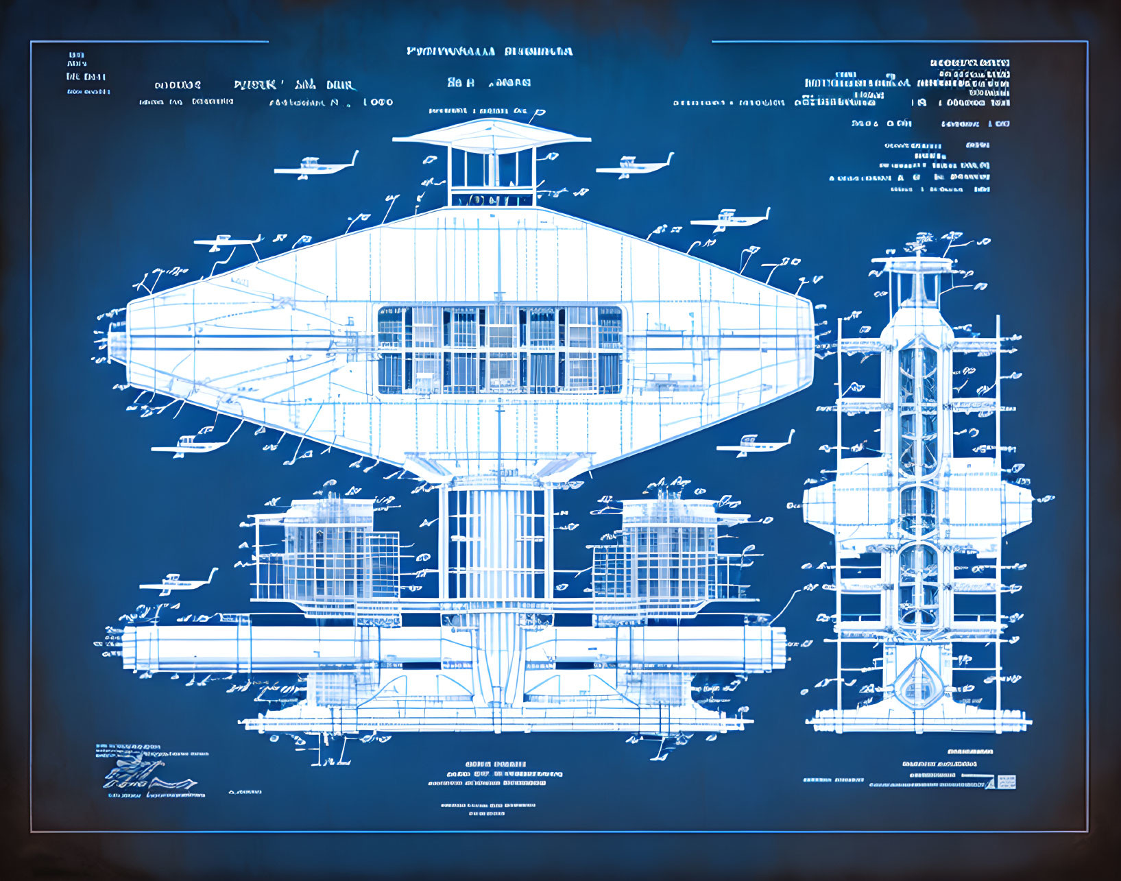 Detailed Blueprint of Futuristic Spaceship on Blue Background